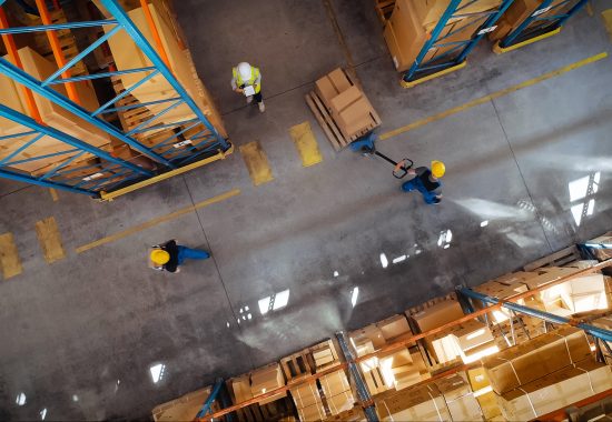 Top-down,View:,In,Warehouse,People,Working,,Forklift,Truck,Operator,Lifts